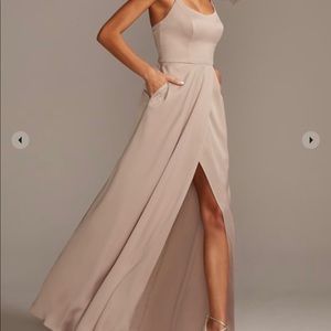 David’s Bridal CREPE-BACK SATIN SPAGHETTI STRAP BRIDESMAID DRESS,BISCOTTI